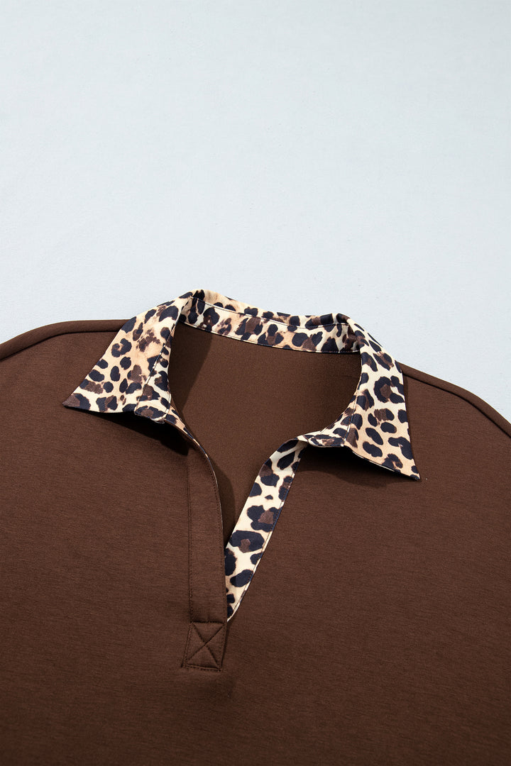 Coffee Leopard Patchwork Collar Autumn Long Sleeve Dress