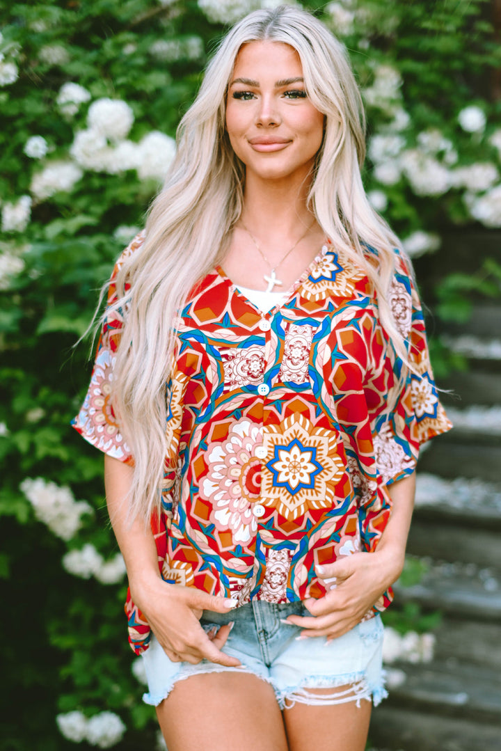 Floral Print Batwing Sleeve V Neck Blouse