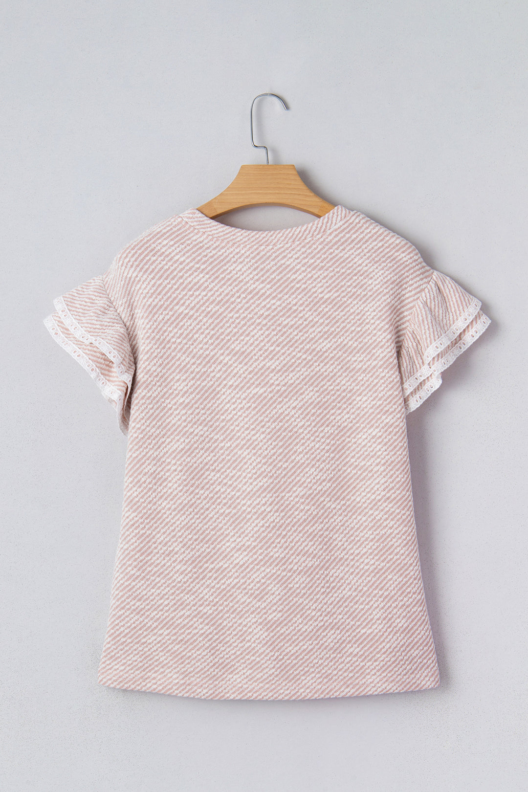 Twilled Print Lace Trim Ruffled Short Sleeve Blouse