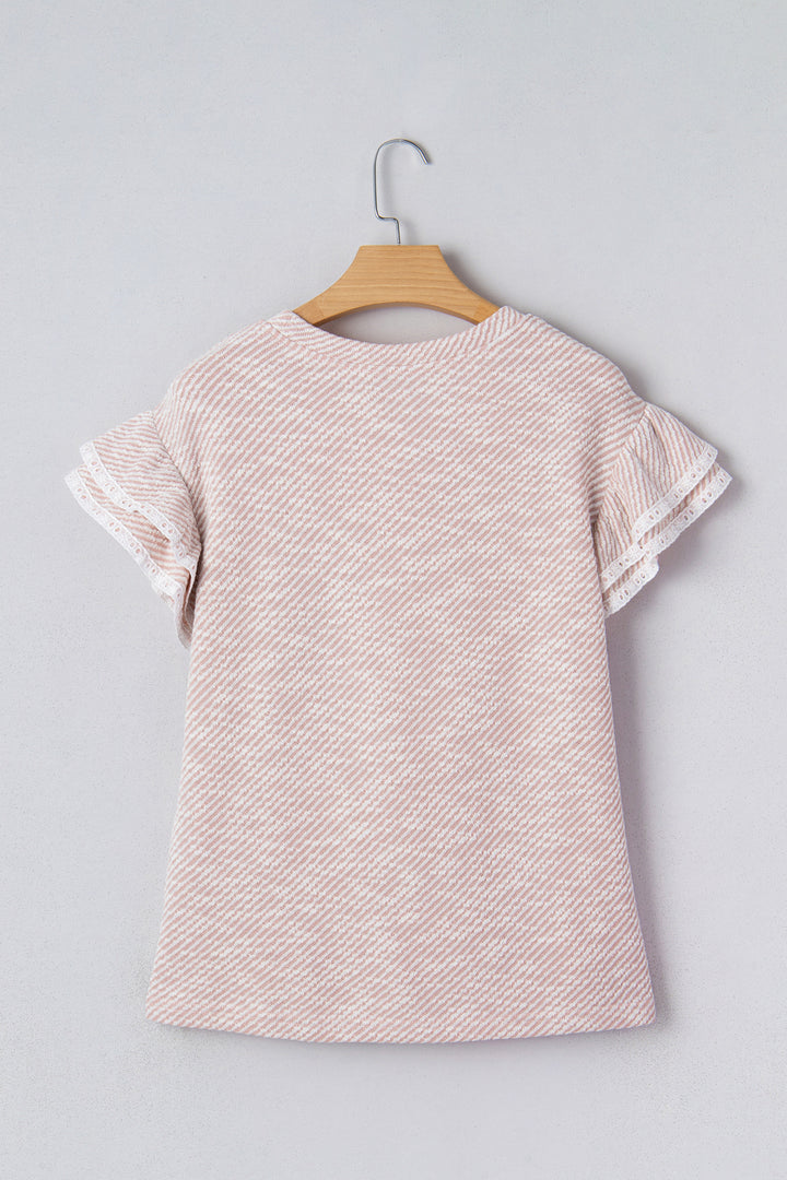 Twilled Print Lace Trim Ruffled Short Sleeve Blouse
