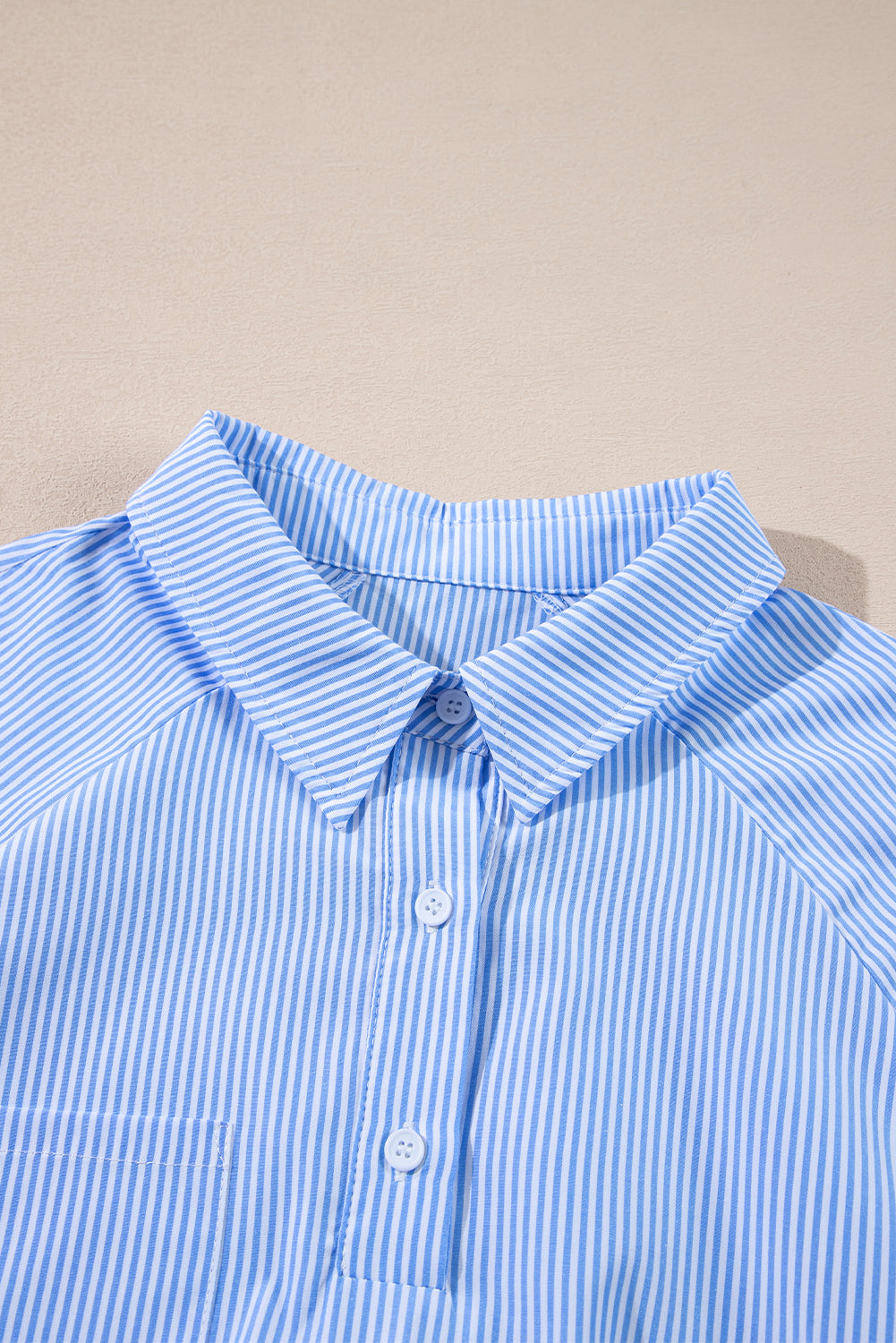 Sky Blue Stripe Pinstripe Smocked Cuffs Button Shirt Collar Blouse