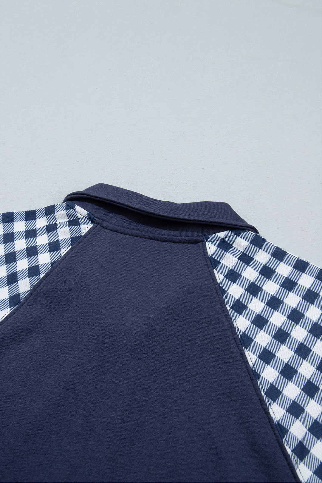 Navy Blue Patchwork Plaid Pocket Quarter Zip Sweatshirt