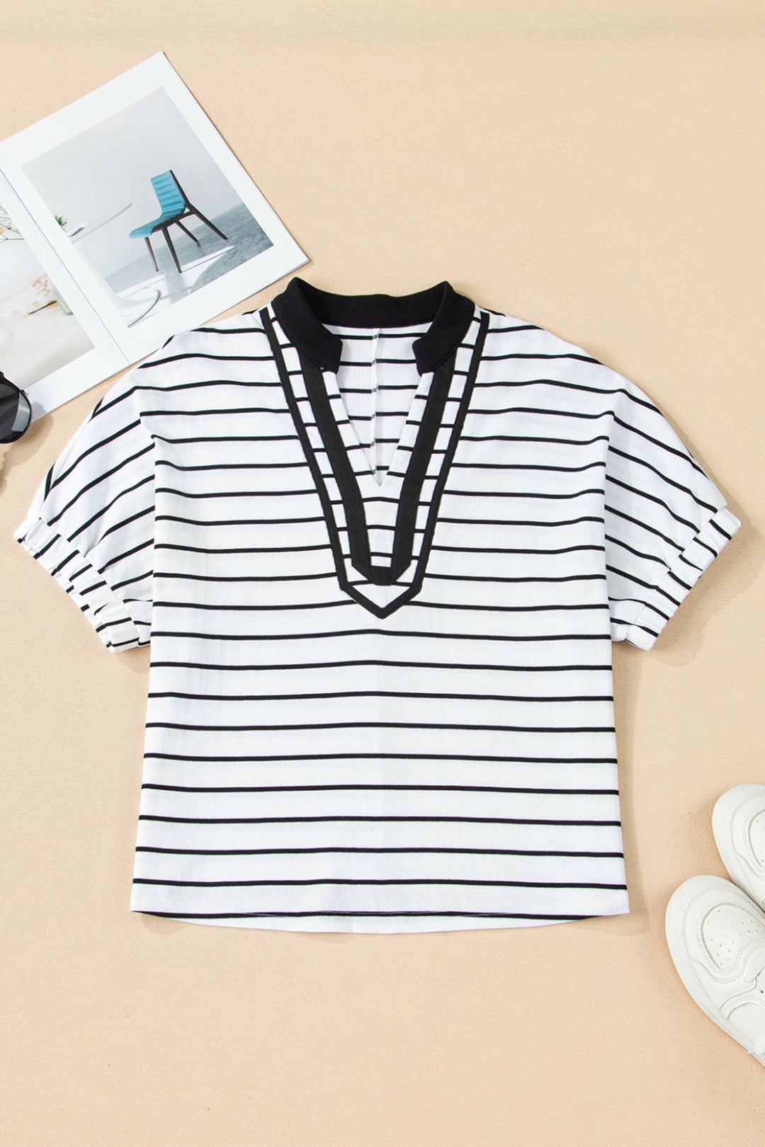 Stand Collar V Neck Elastic Cuffs Half Sleeve Dolman Top