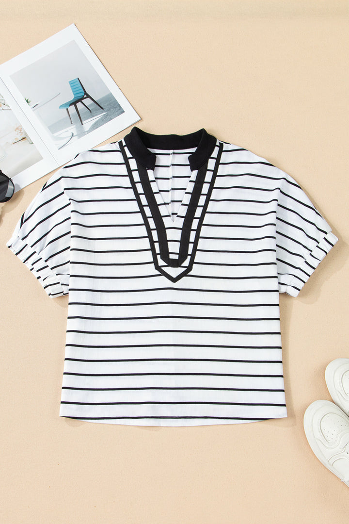 Stand Collar V Neck Elastic Cuffs Half Sleeve Dolman Top