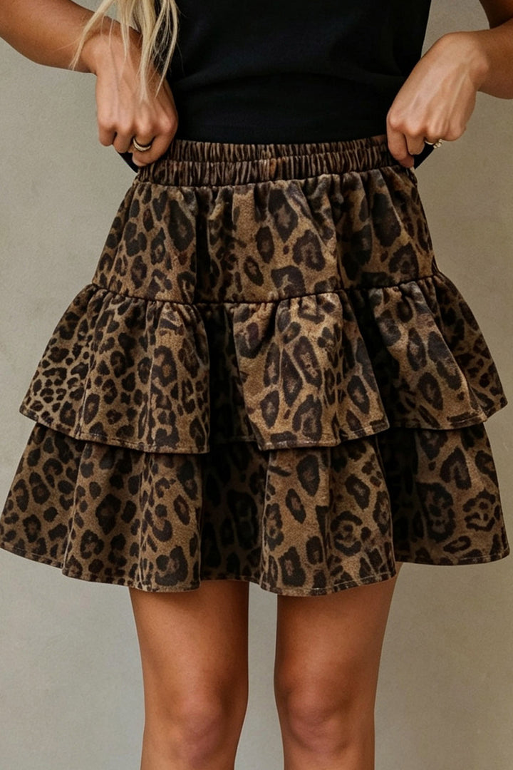 Brown Leopard Print Tiered Elastic Waist Mini Skirt