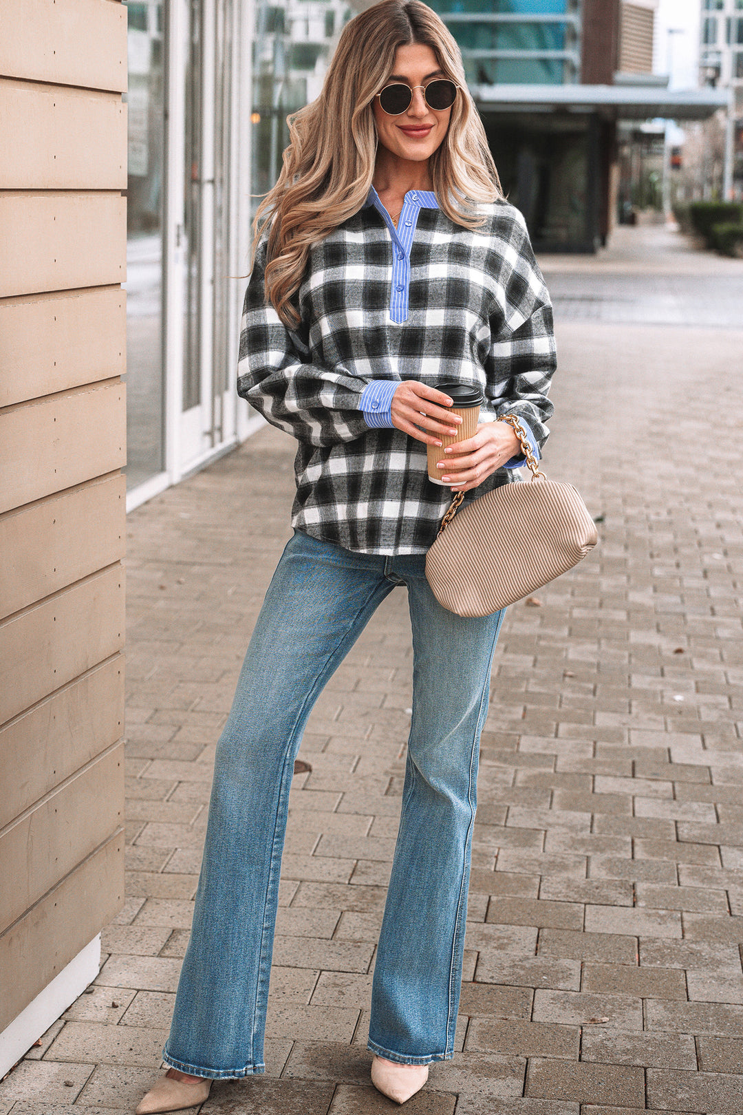 Contrast Striped Edge Half Placket Plaid Blouse