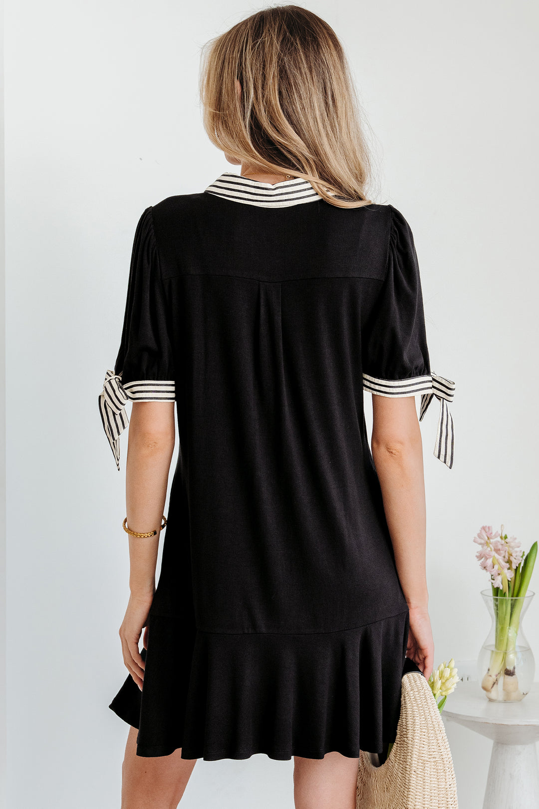 Stripe Detail Polo Collar Half Buttons Tied Short Sleeve Shift Mini Dress