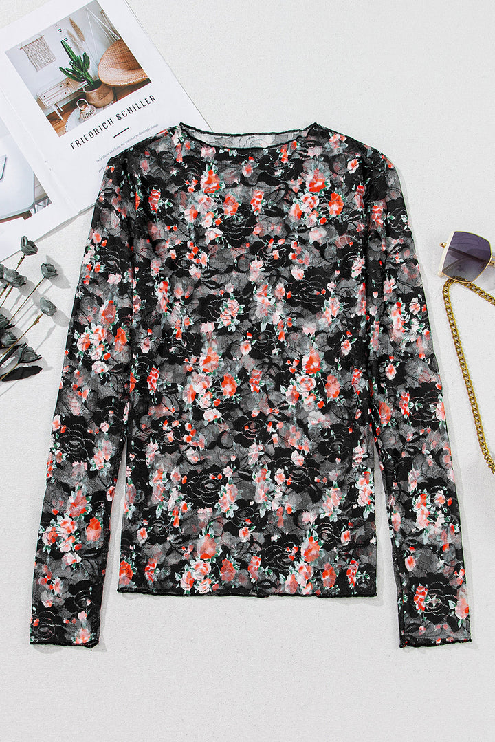 Floral Mesh Sheer Long Sleeve Top