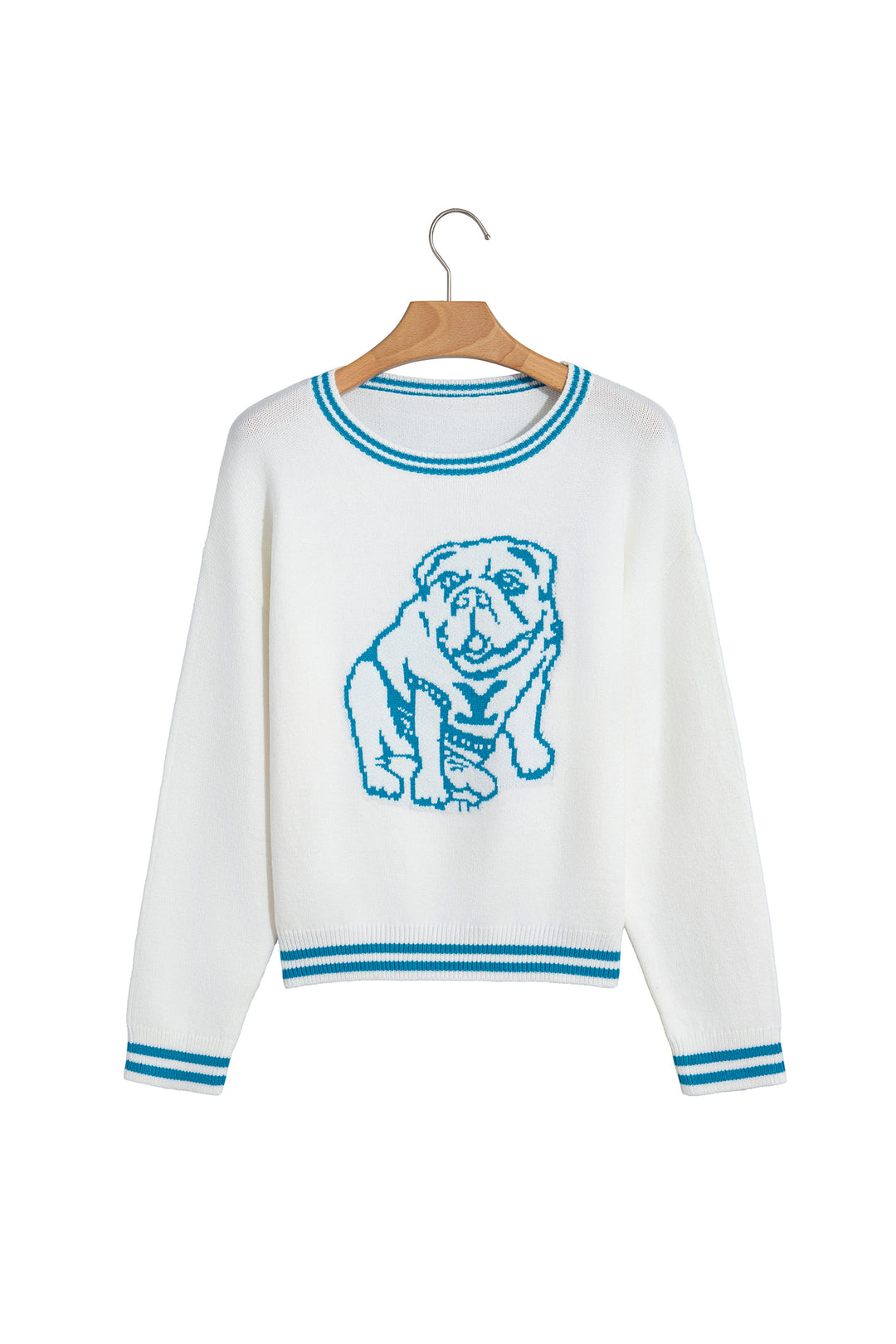 Light Blue Bulldog Contrast Trim Round Neck Casual Sweater