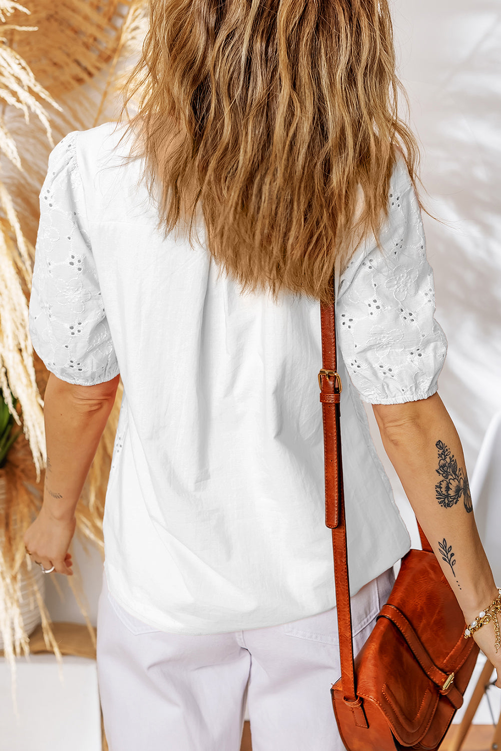 Lace Crochet V Neck Half Sleeve Embroidery Button Down Blouses Casual Shirts