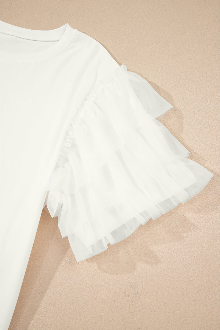 White Tulle Ruffle Sleeve Blouse