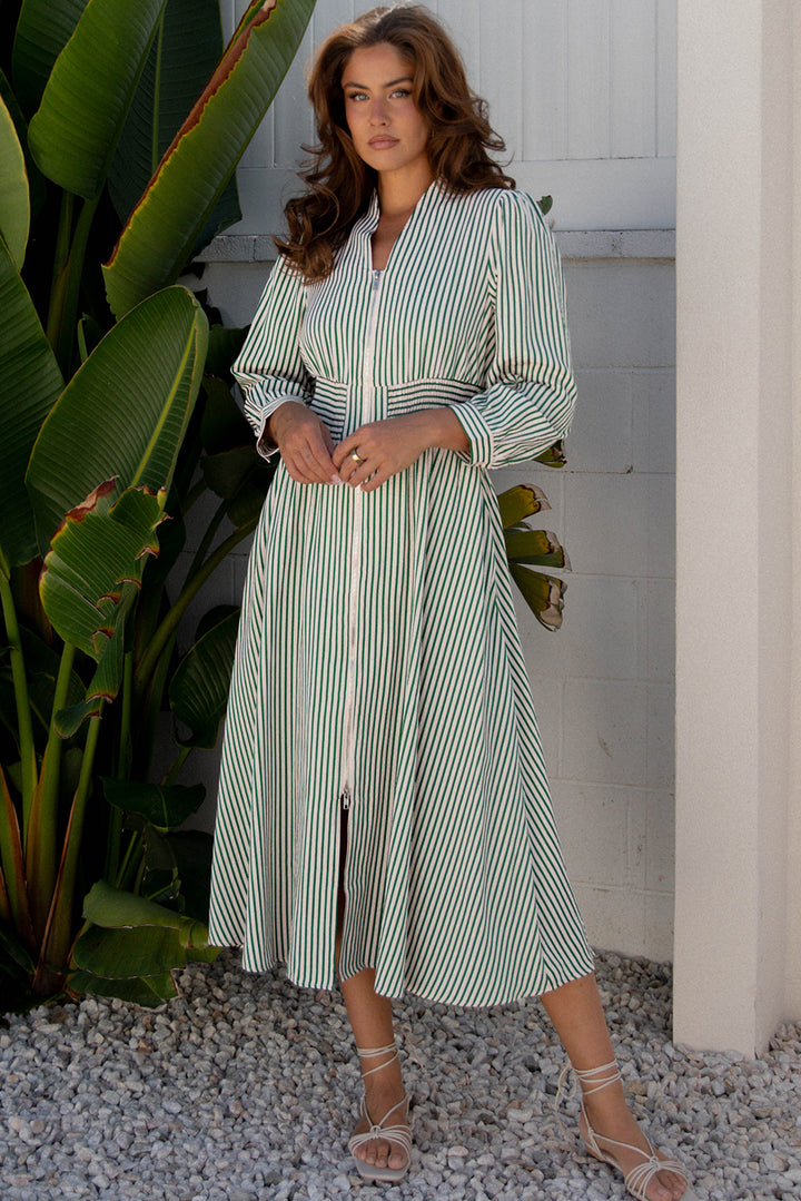 V Neck Zip Front Cinched High Waist Midi Dress