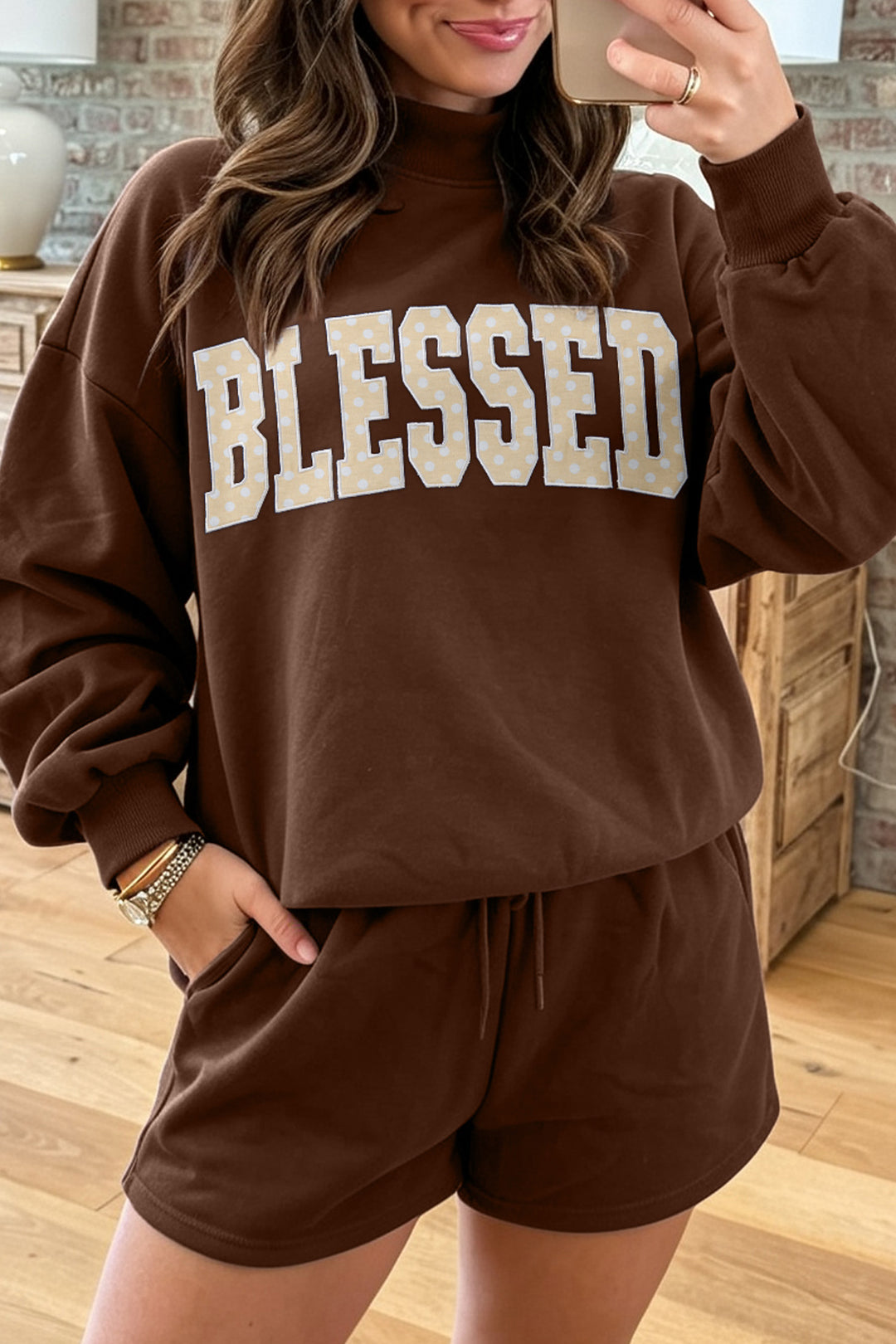 Coffee Christian Slogan Print Mock Neck Pullover and Shorts Set