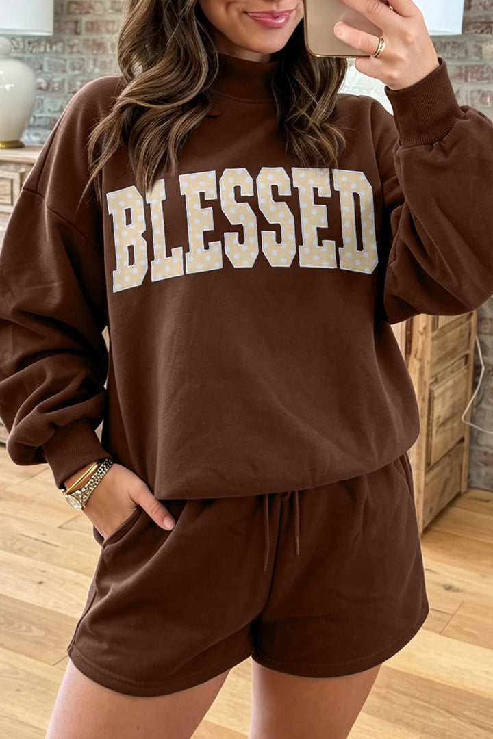 Coffee Christian Slogan Print Mock Neck Pullover and Shorts Set