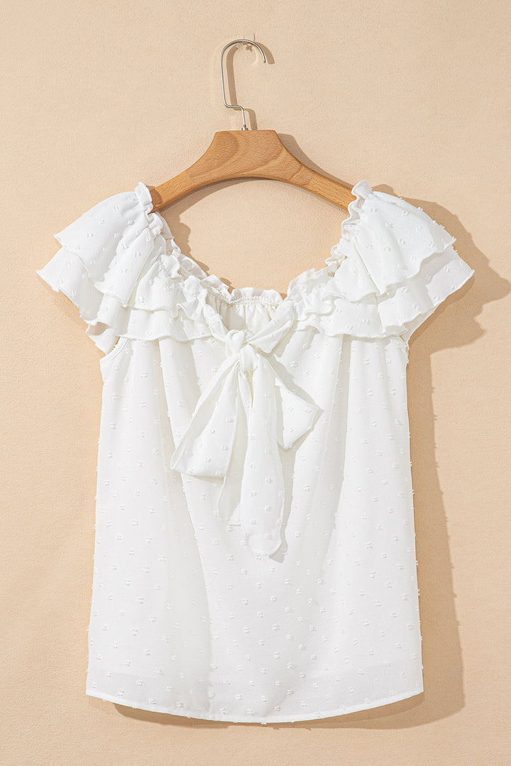 off shoulder ruffle knotted detail swiss dot blouse