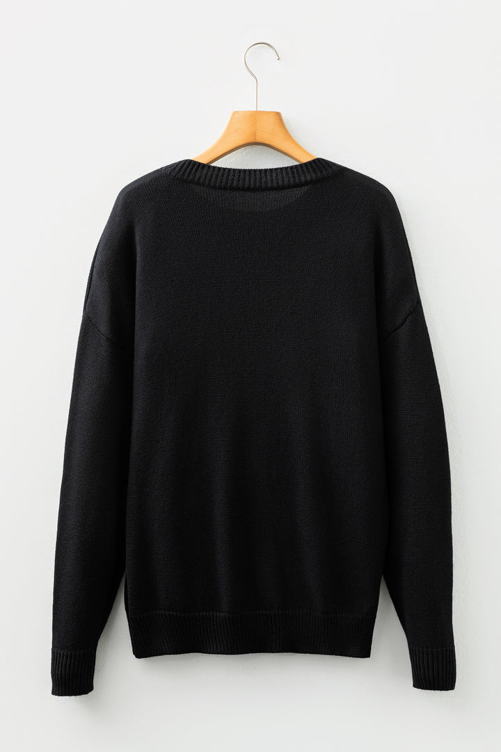 Black Merry Colorful Dot Detail Christmas Drop Shoulder Sweater