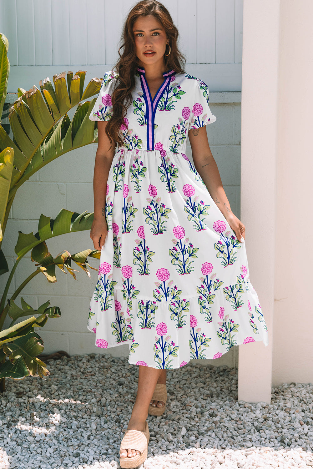 Chic White Floral Puff Short Sleeve V Neck Maxi Dress