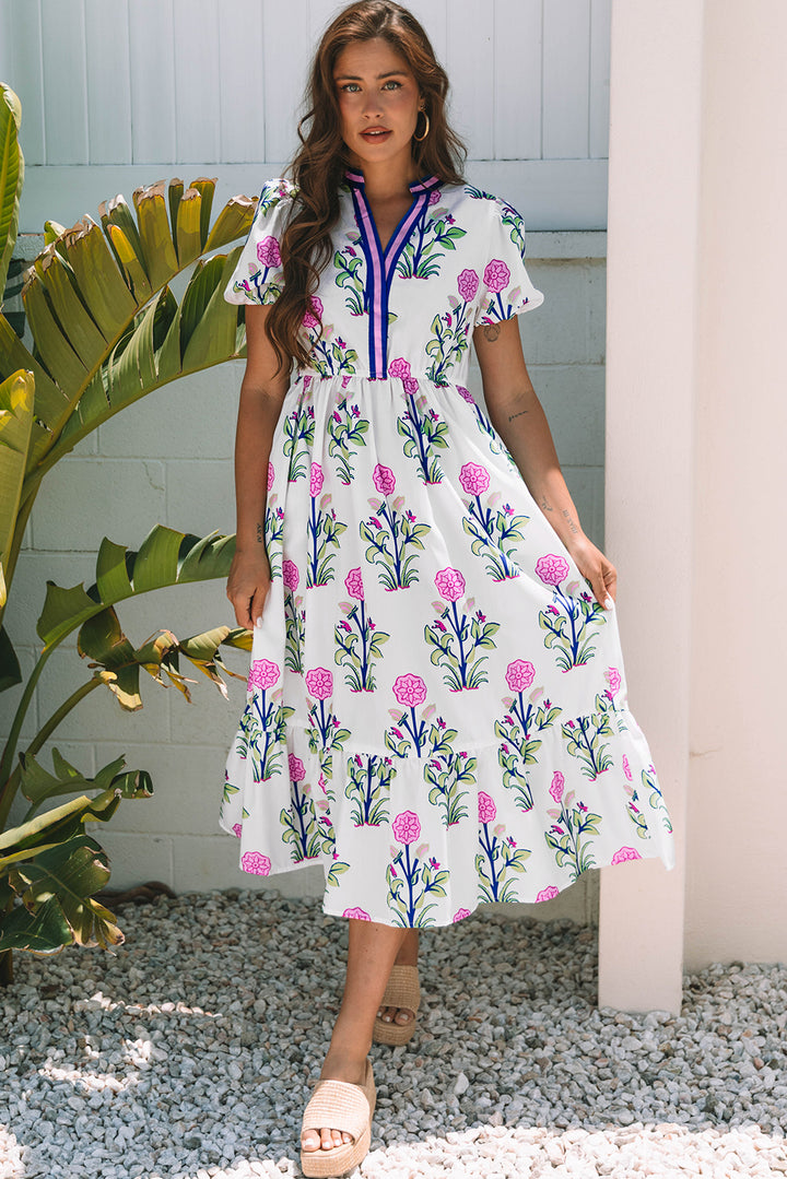 Chic White Floral Puff Short Sleeve V Neck Maxi Dress