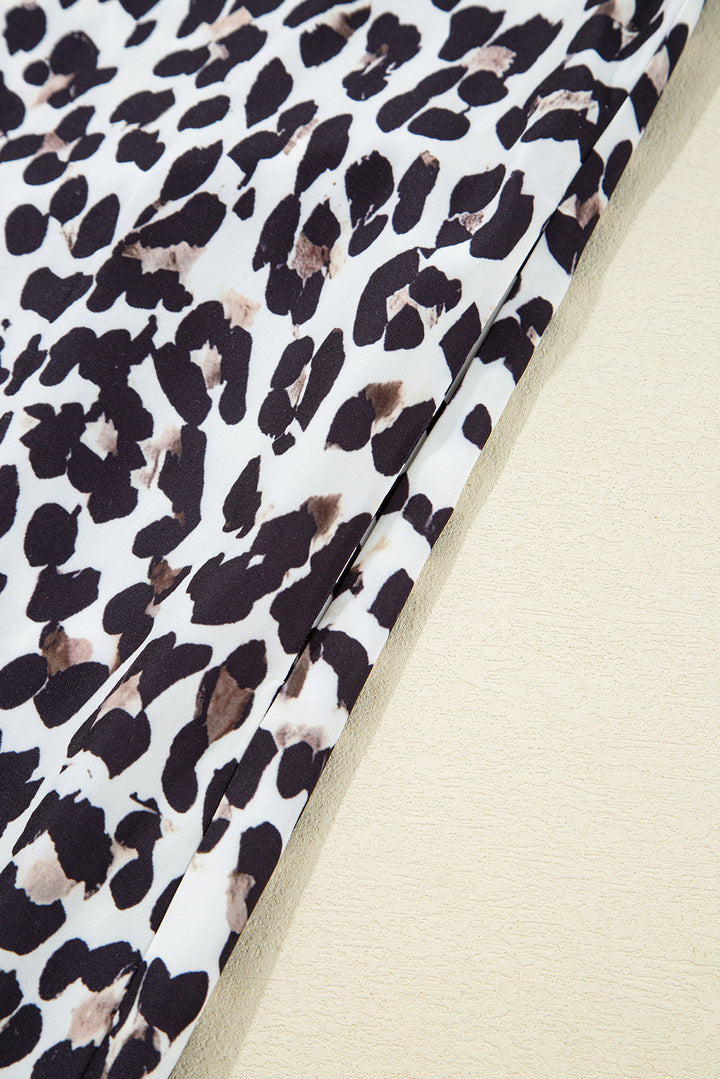 Button Striped Collar Leopard Print Long Sleeve Flared Dress