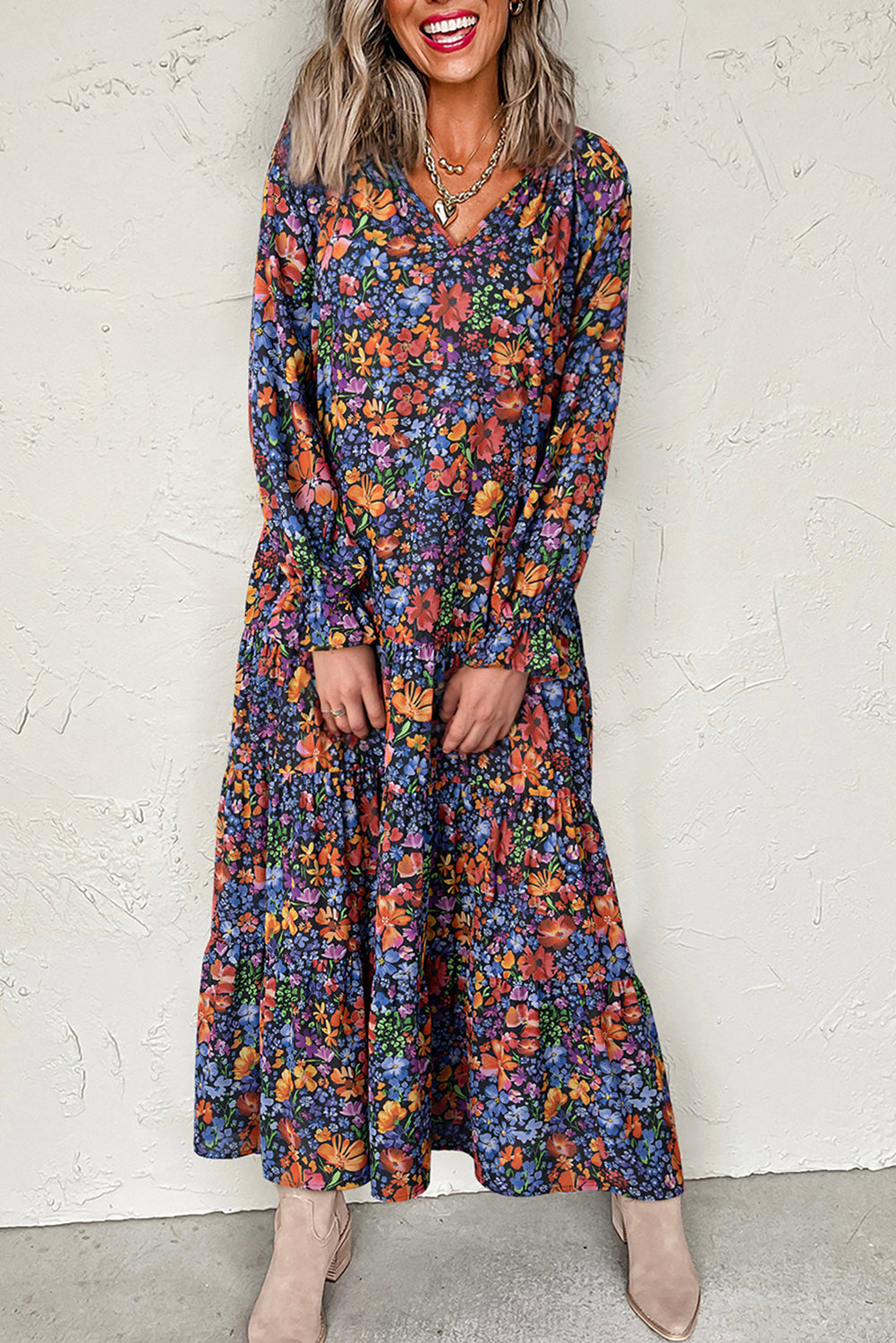 Floral Print Tassel Tie V Neck Long Sleeve Flowy Long Dress