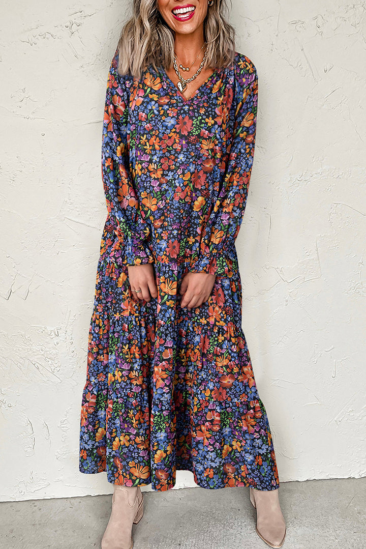 Floral Print Tassel Tie V Neck Long Sleeve Flowy Long Dress
