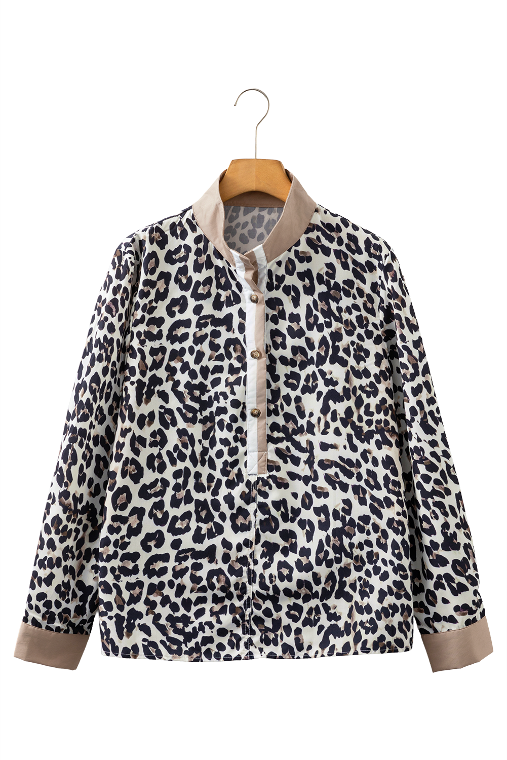 Multicolour Leopard Print Contrast Patchwork Cuffs Button Collared Top