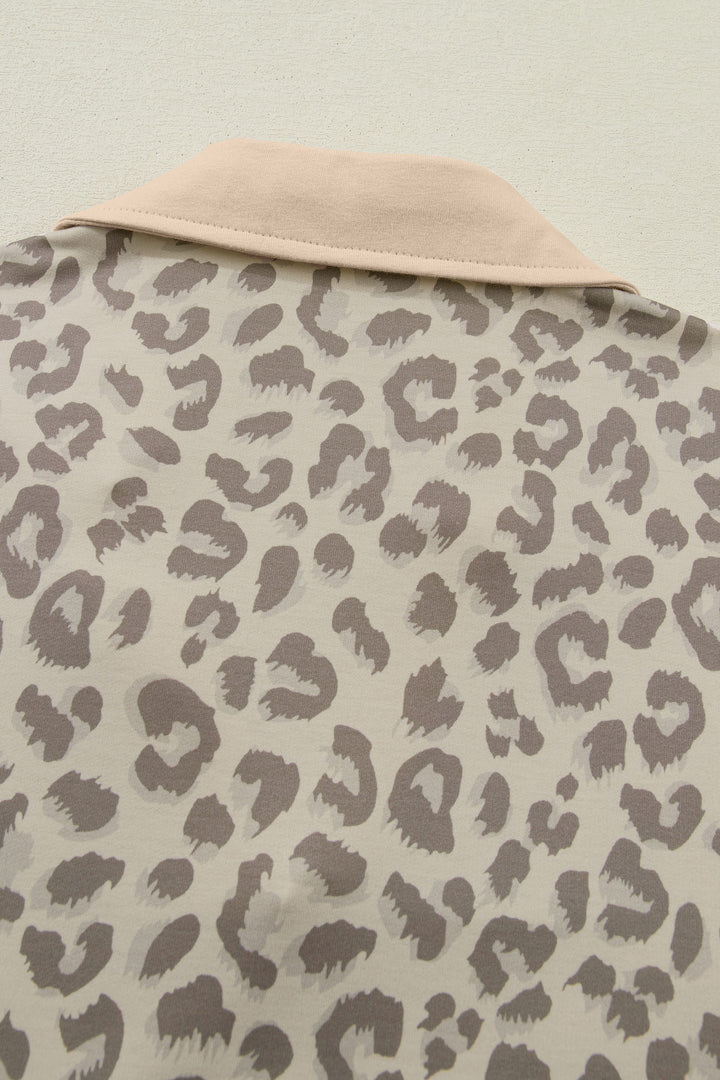 Khaki V Neck Collar Leopard Printed 2pcs Short Set