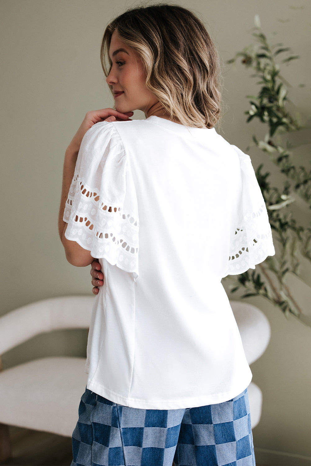 Hollow Out Embroidered Short Sleeve O Neck Top
