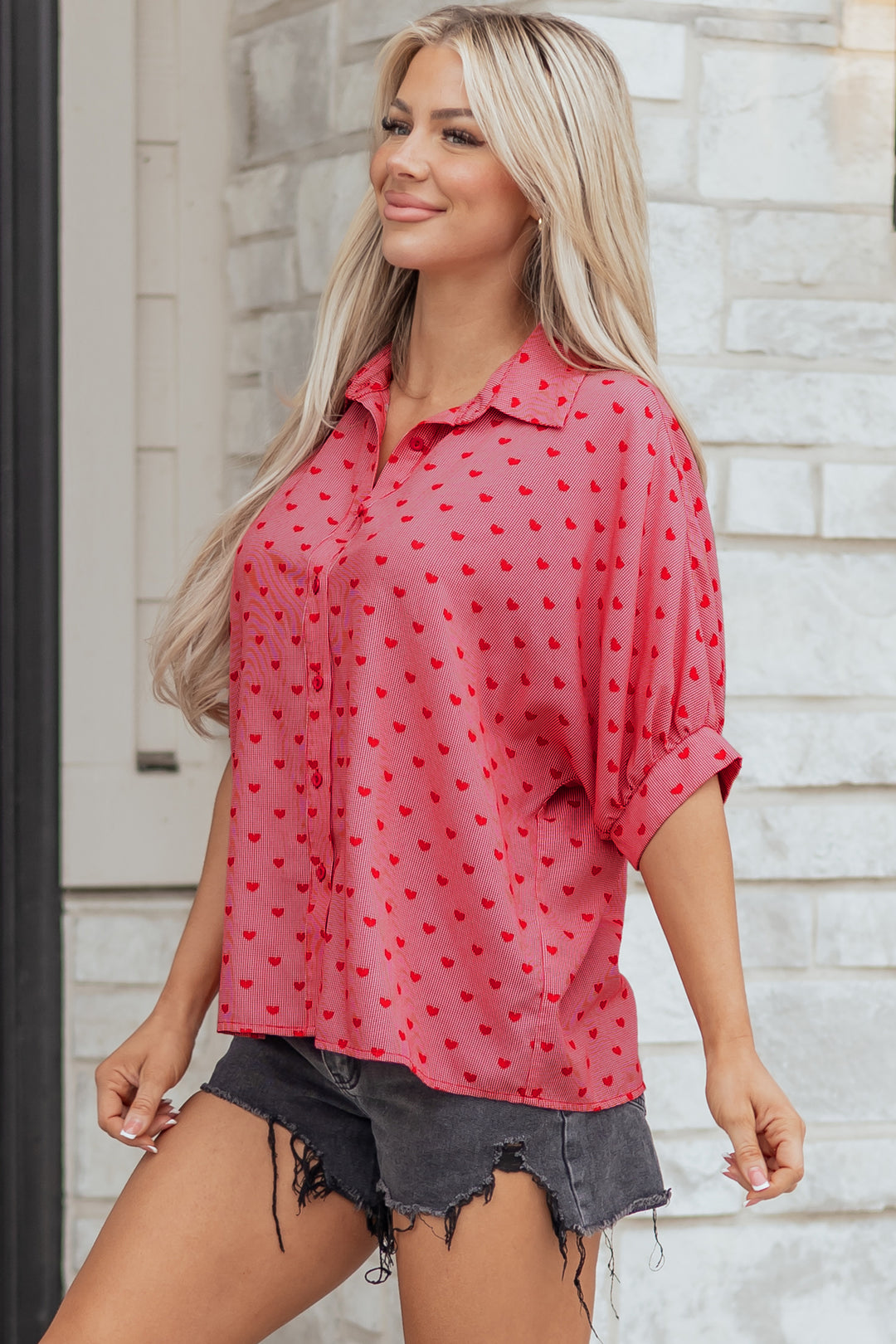 Heart Shape Print Half Sleeve Loose Valentine Shirt