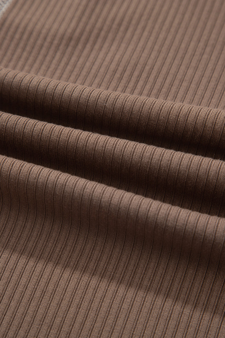 Dark Khaki V Neck Ribbed Stitched Detail Long Sleeve Top