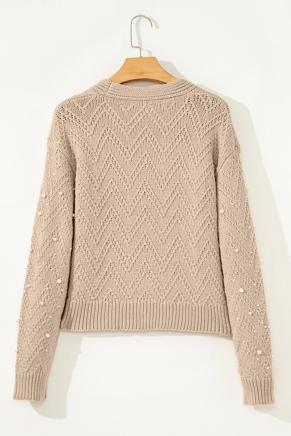 Smoke Gray Pearl Embellished Button Front Sweater Cardigan
