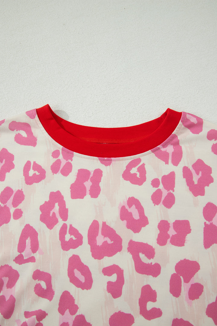 Rose Unique Leopard Print Contrast Trim Top Loose 2pcs Short Set