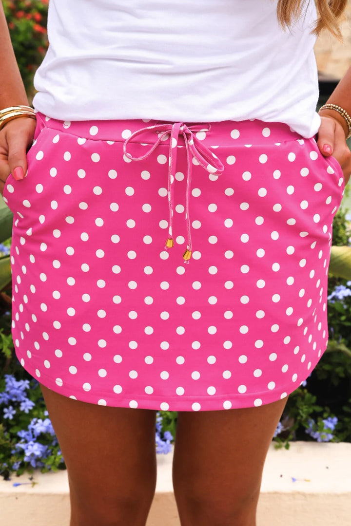 Cute Sachet Pink Polka Dot Drawstring Casual Mini Skort