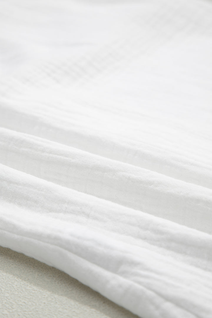 White Lace Trim Cuffed Short Sleeve Textured Shirt