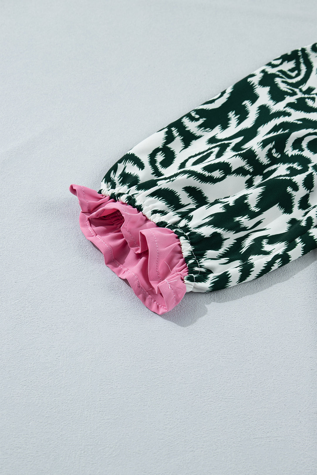 Green Damask Print Ruffled Color Block Detail Half Sleeve Blouse