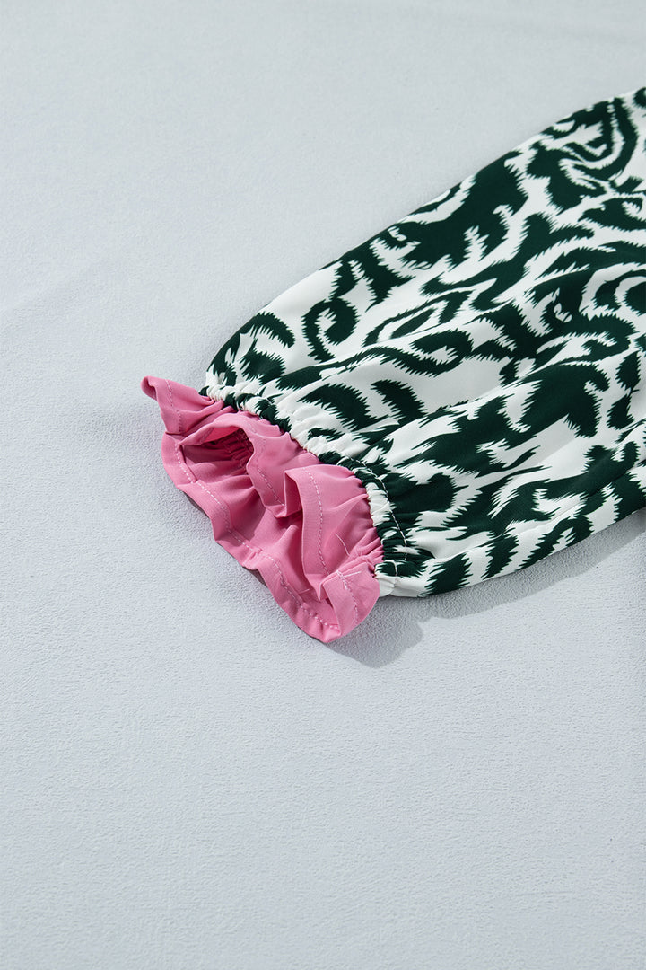 Green Damask Print Ruffled Color Block Detail Half Sleeve Blouse