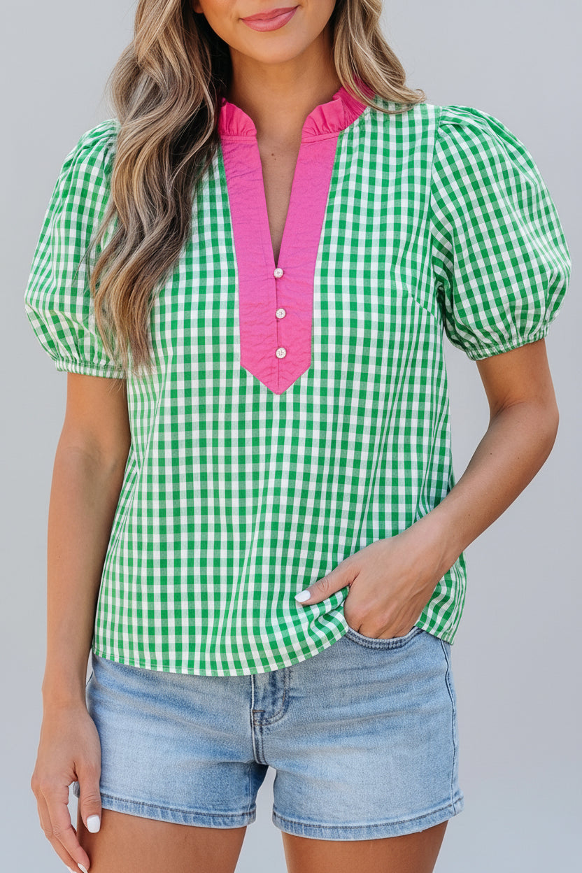 Green Gingham Plaid Bubble Sleeve V Neck Blouse