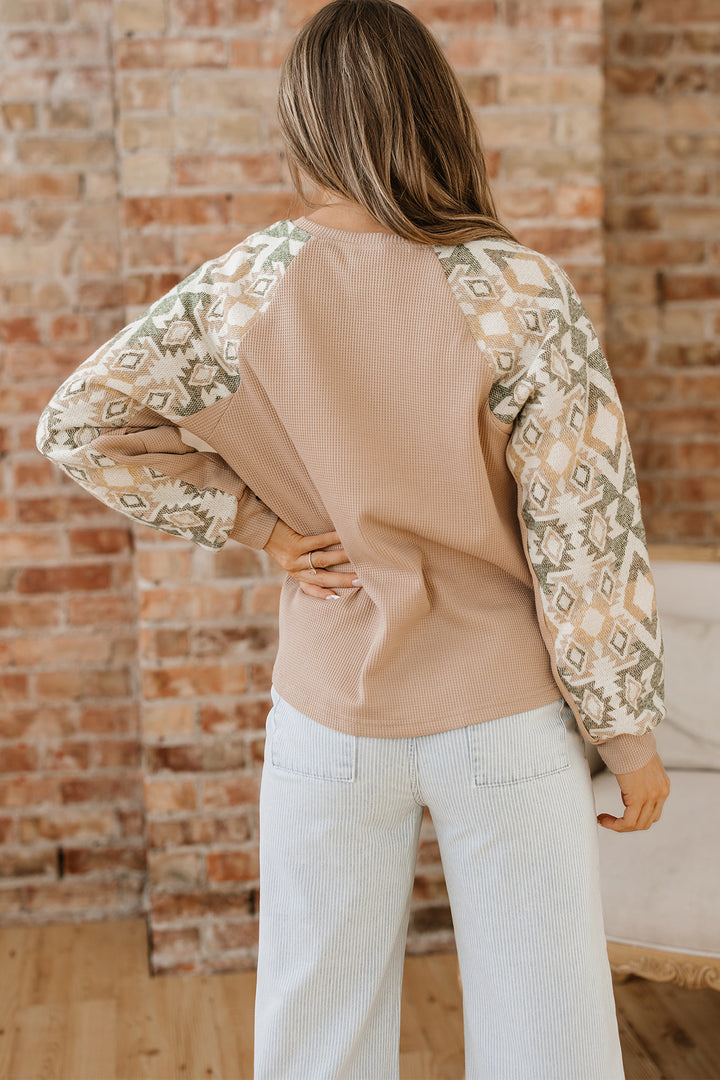 Smoke Gray Waffle Aztec Patchwork Raglan Sleeve Knit Top