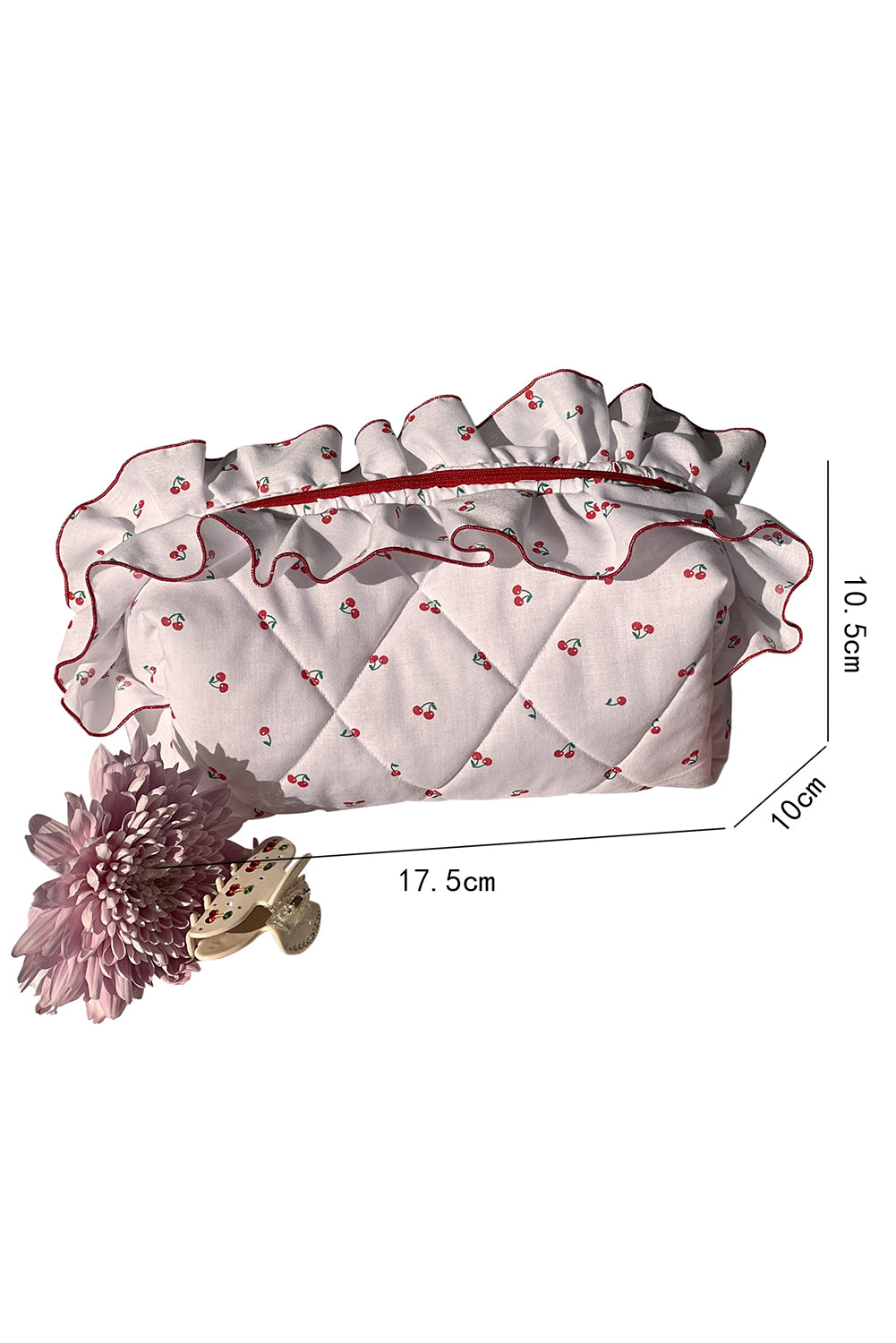 Trousse de maquillage matelassée à imprimé cerises et à volants
