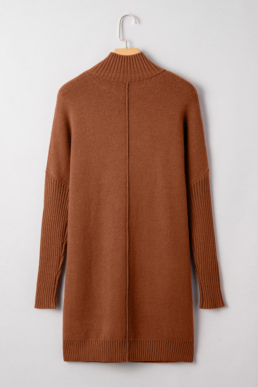 Ribbed High Neck Front Pockets Center Seam Shift Sweater Dress