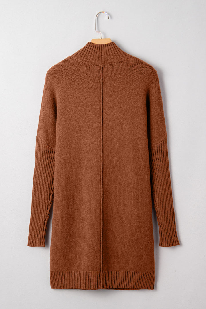 Ribbed High Neck Front Pockets Center Seam Shift Sweater Dress
