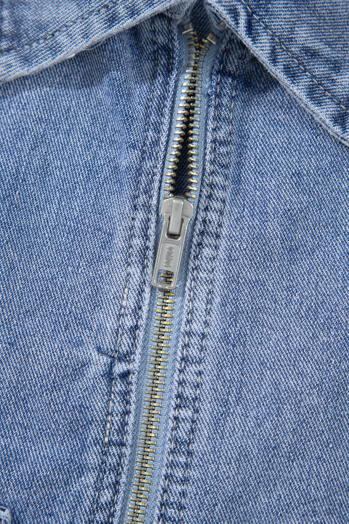 Beau Blue Studded Metal Zipper Rivet Pockets Denim Jacket