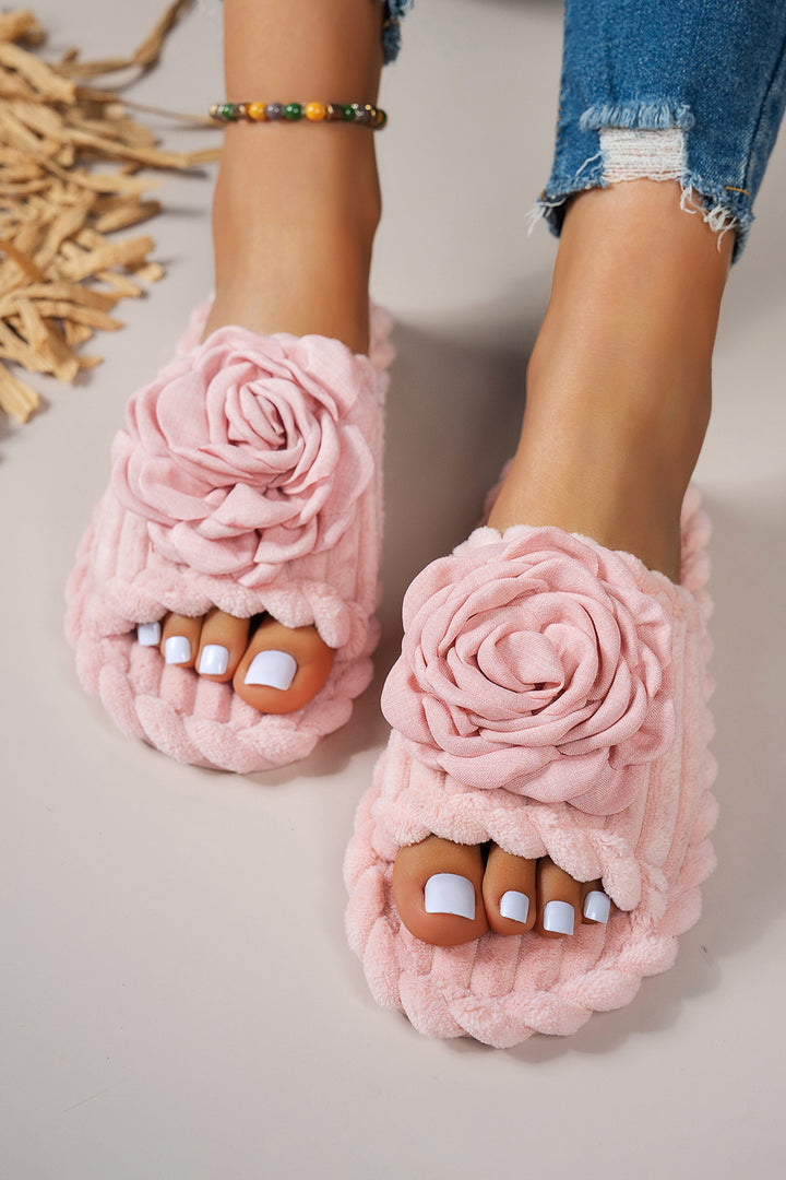 Solid Color 3D Flower Accent Corded Ribbed Open Toe Slippers