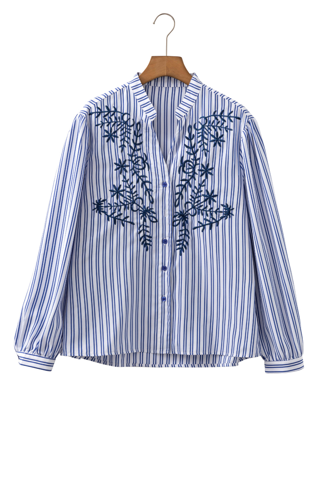 Blue Stripe Embroidered Detail Button Front Long Sleeve Shirt