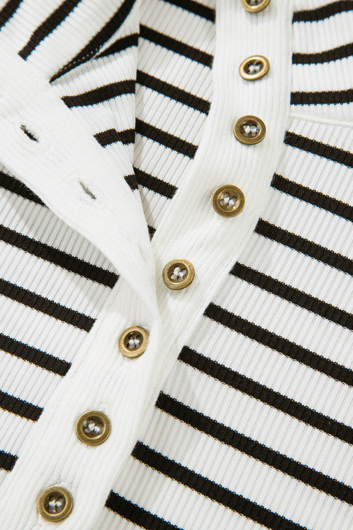 Ribbed Knit Half Button Long Sleeve Slim Top