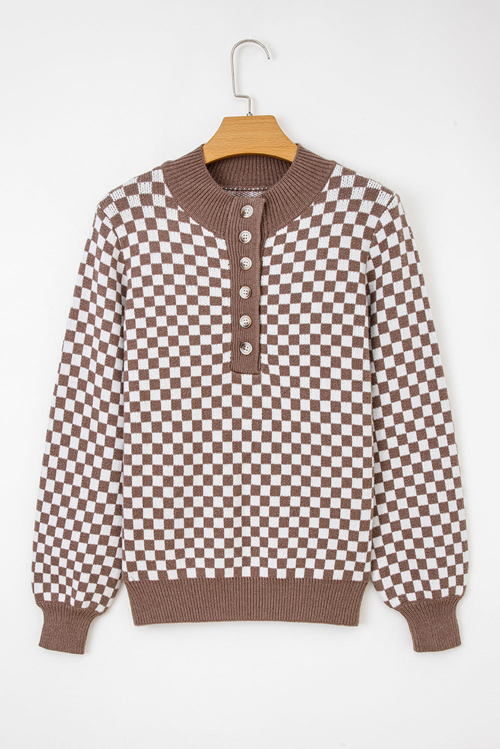 Half Button Ribbed Trim Checkerboard Knit Sweater