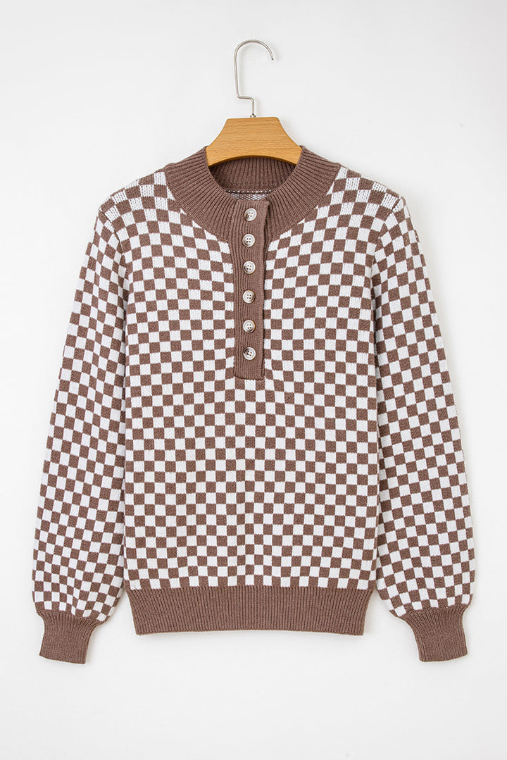 Half Button Ribbed Trim Checkerboard Knit Sweater