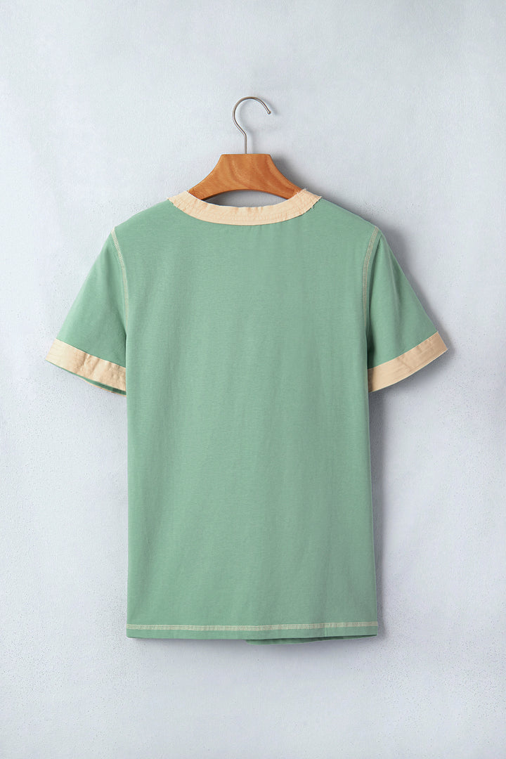Mint Green Raw Seam Color Block Detail Buttoned Henley Tee