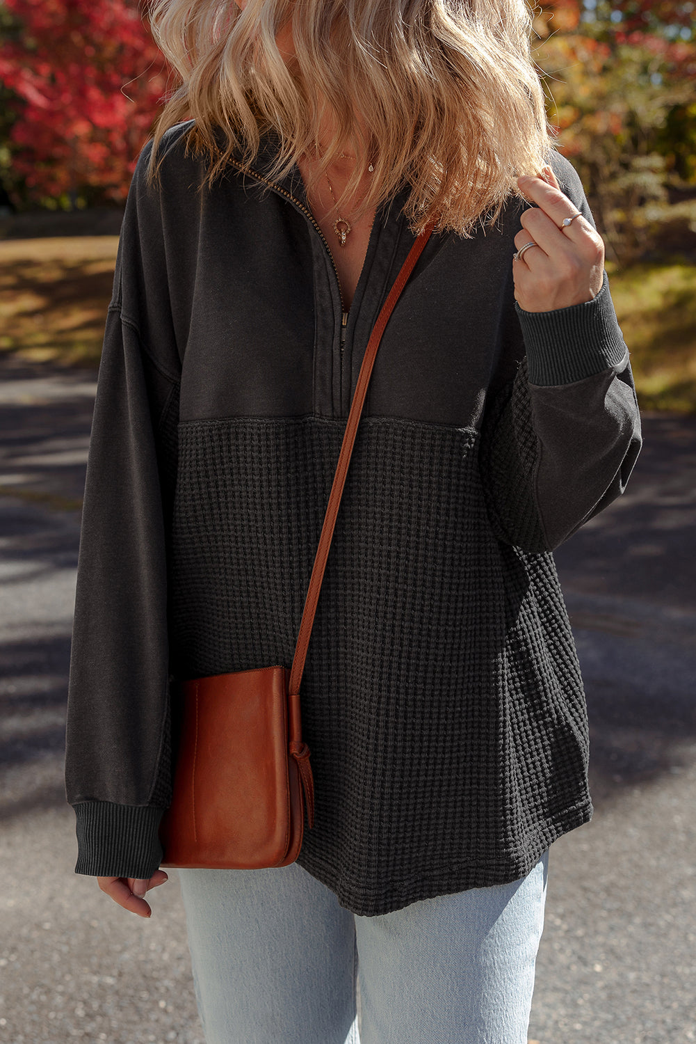 Waffle Knit Patchwork Half Zipped Casual Sweatshirt