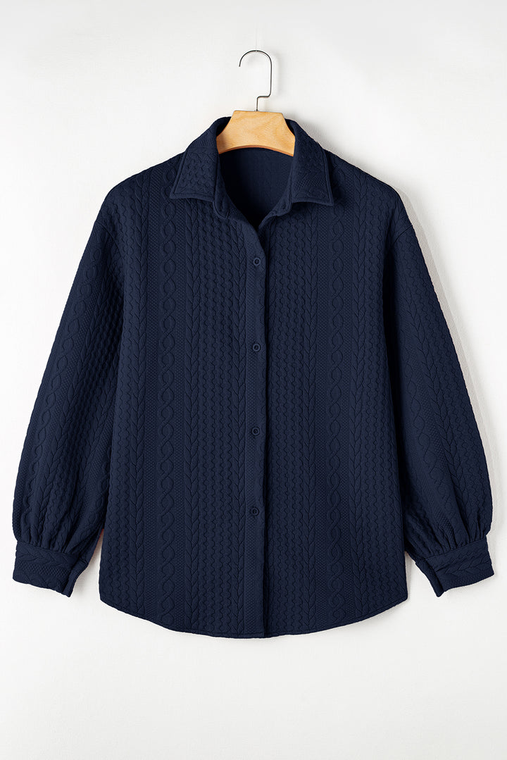 Navy Blue Cable Texture Puff Sleeve Loose Shacket